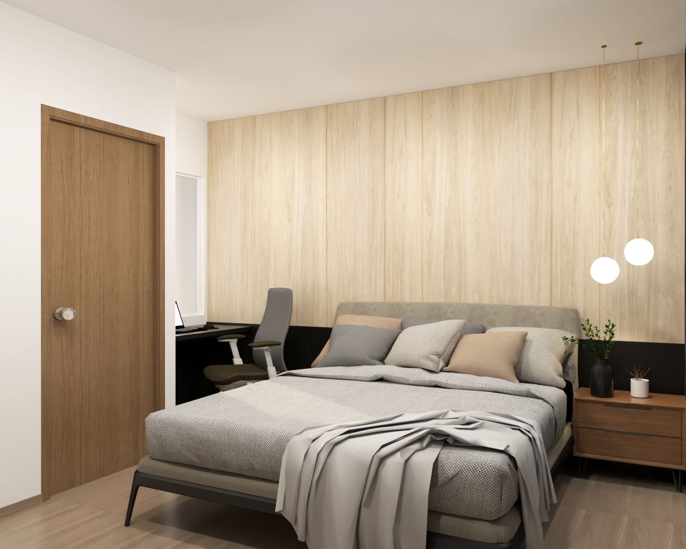 Contemporary Master Bedroom Design With Oak Wooden Panel
