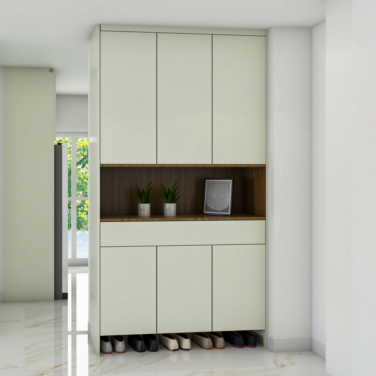 Minimalistic White Foyer Design With Ample Storage