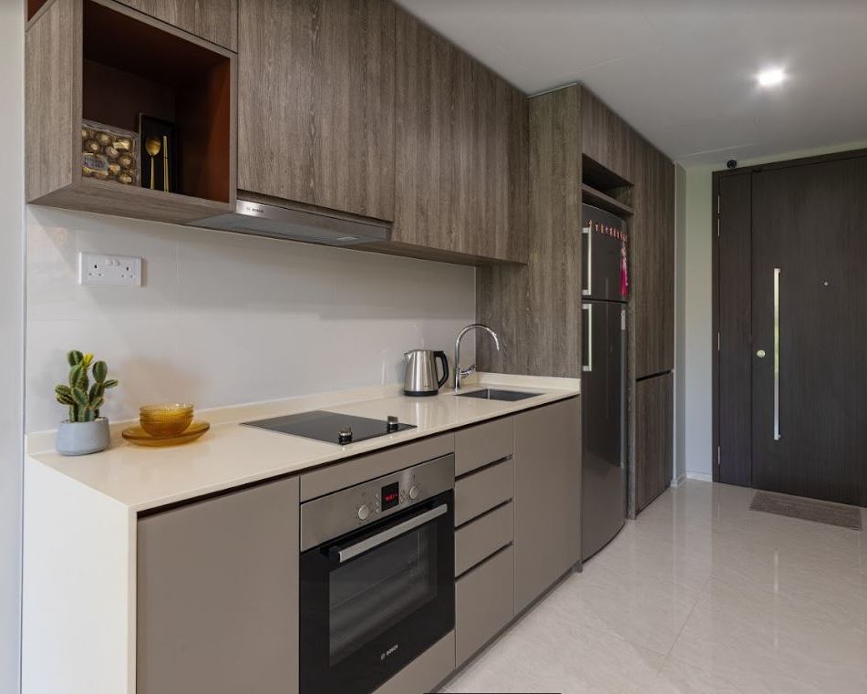 Spacious Straight Kitchen Cabinet Design In Wood And Beige | Livspace