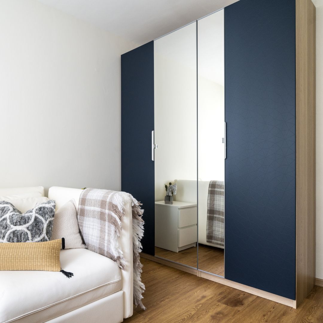 Contemporary Blue Wardrobe Design With Mirrored Door