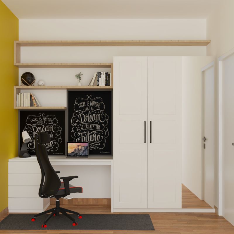 Modern Home Office Design With Wooden Ledge Shelf