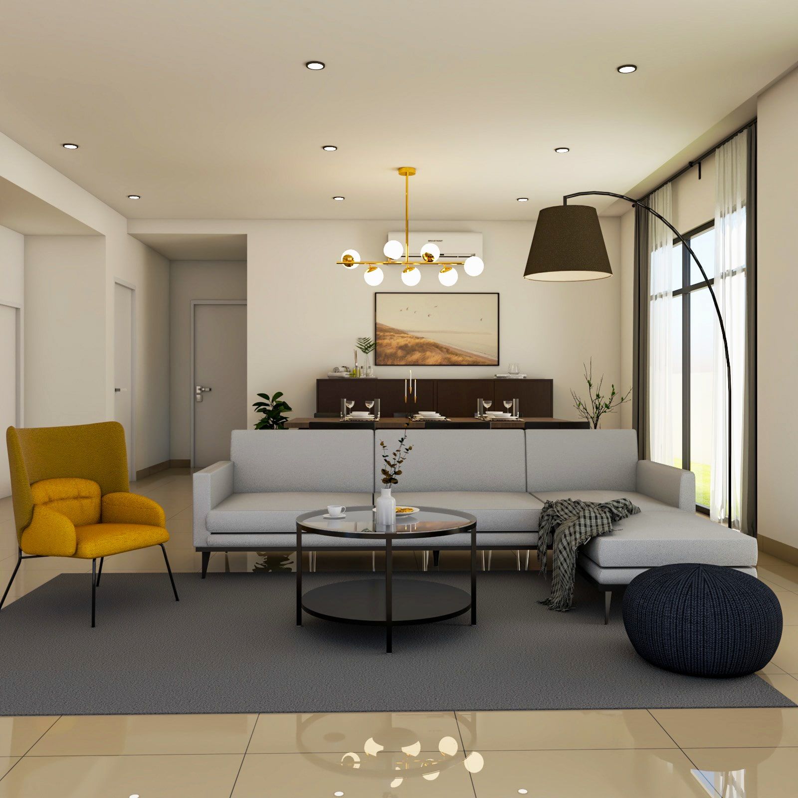 Contemporary Living Room Design With Grey Sectional Sofa And Yellow Accent Chair