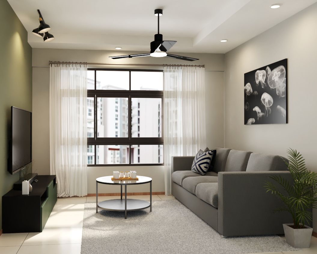 Modern Living Room Design With Three-Seater Grey Sofa And Circular Coffee Table