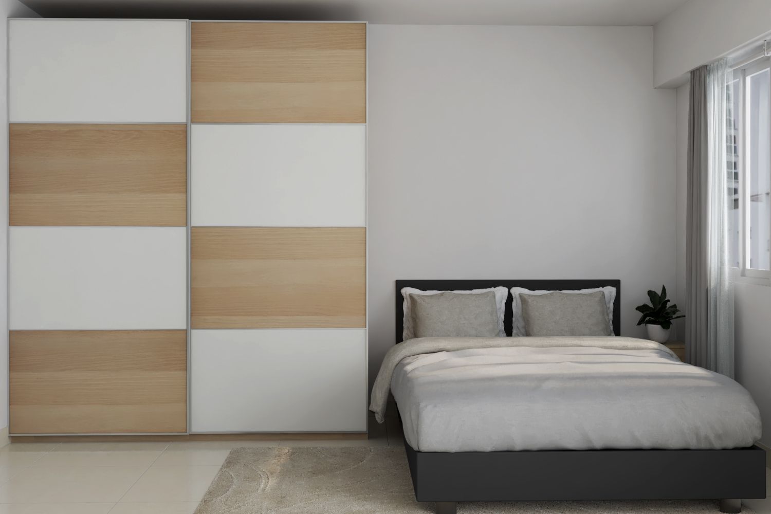 Contemporary Master Bedroom Design With White And Wood Sliding Wardrobe