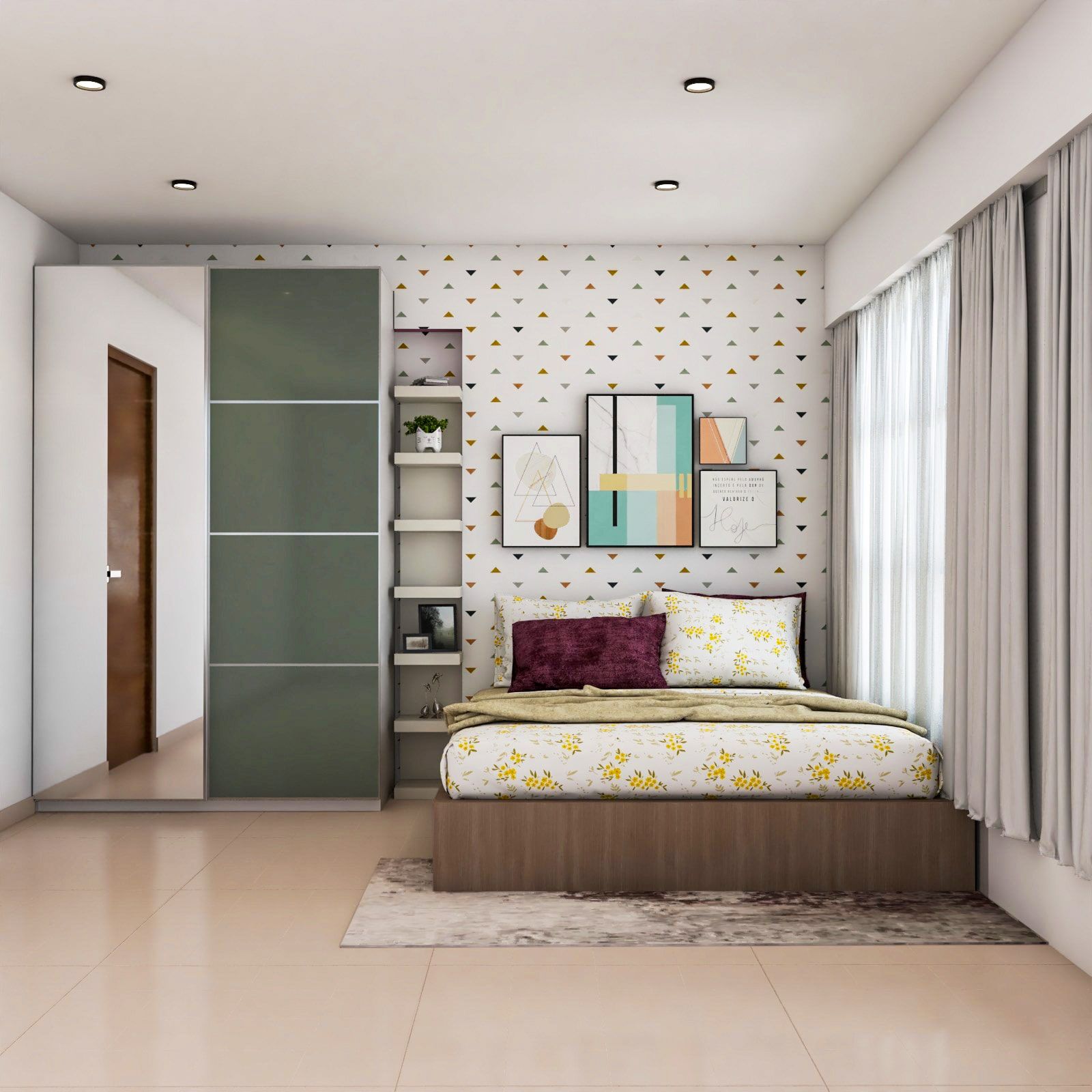 Modern Master Bedroom Design With White Geometric Wallpaper