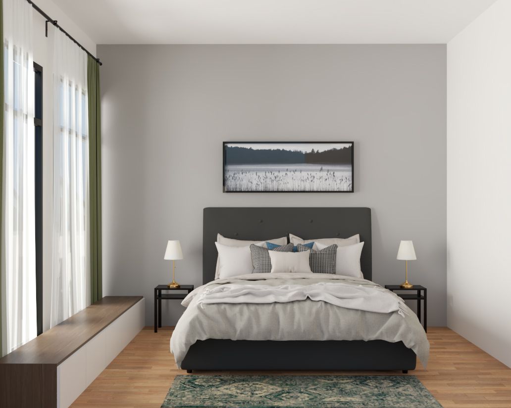 Modern Master Bedroom Design With Grey Accent Wall And Window Storage