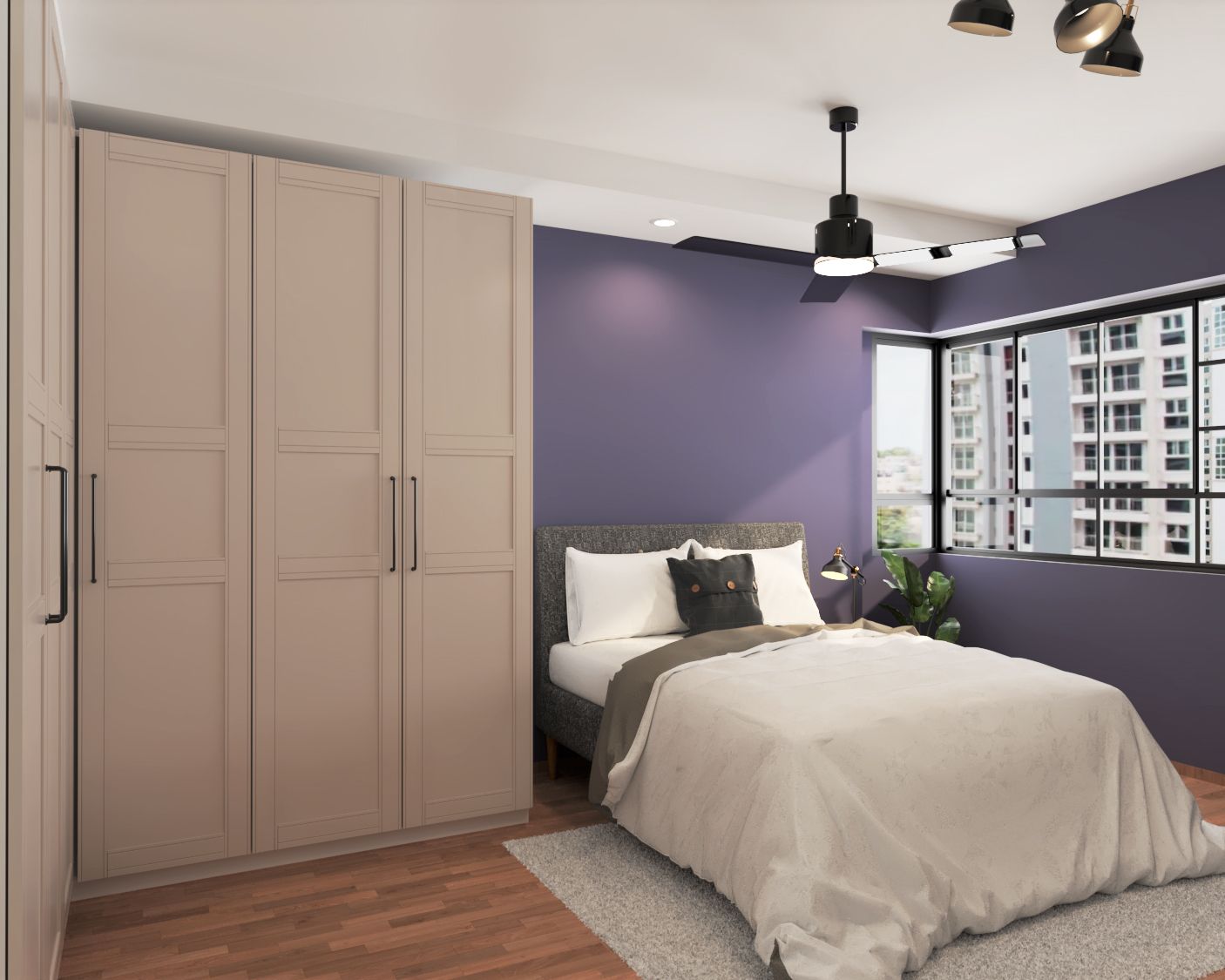 Contemporary Master Bedroom Design With L-Shaped Beige Swing Wardrobe And Purple Accent Wall