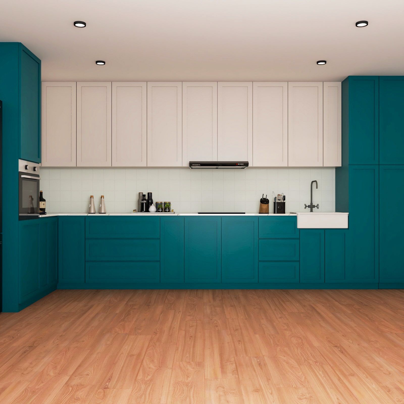 Classic L-Shaped Kitchen Cabinet Design With White And Teal Blue Profiled Shutters