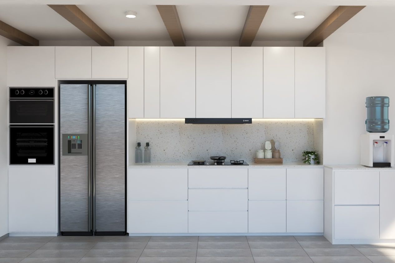 Spacious Kitchen Cabinet Design With Wooden Ceiling | Livspace