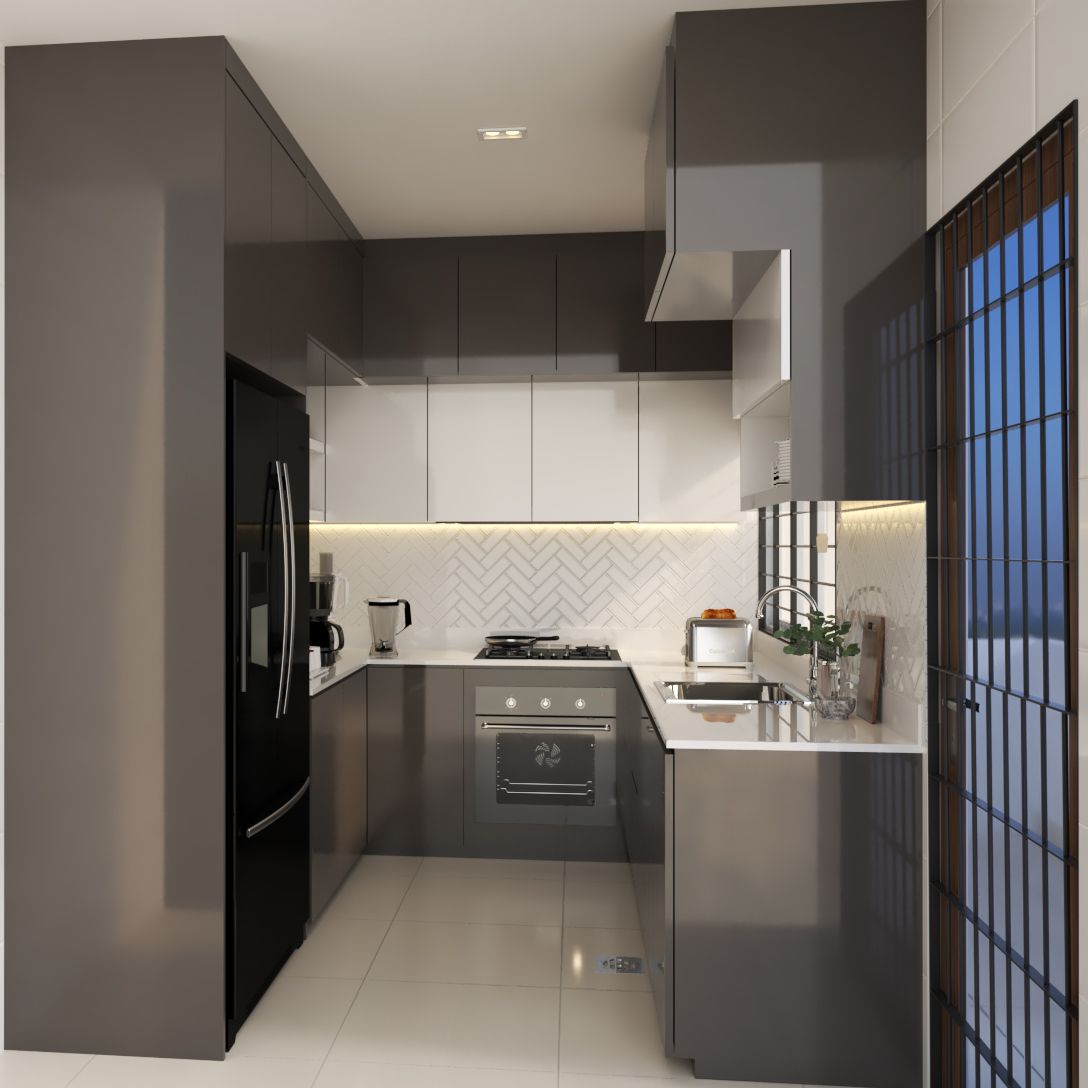 Modern U-Shaped Kitchen Cabinet Design In Grey And White