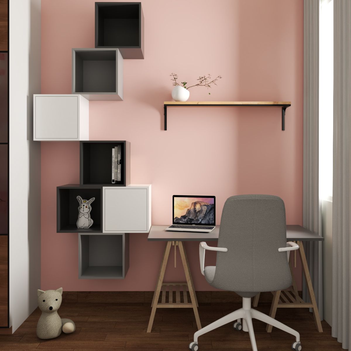Modern Light Pink Study Room Design With Wall-Mounted Cabinet