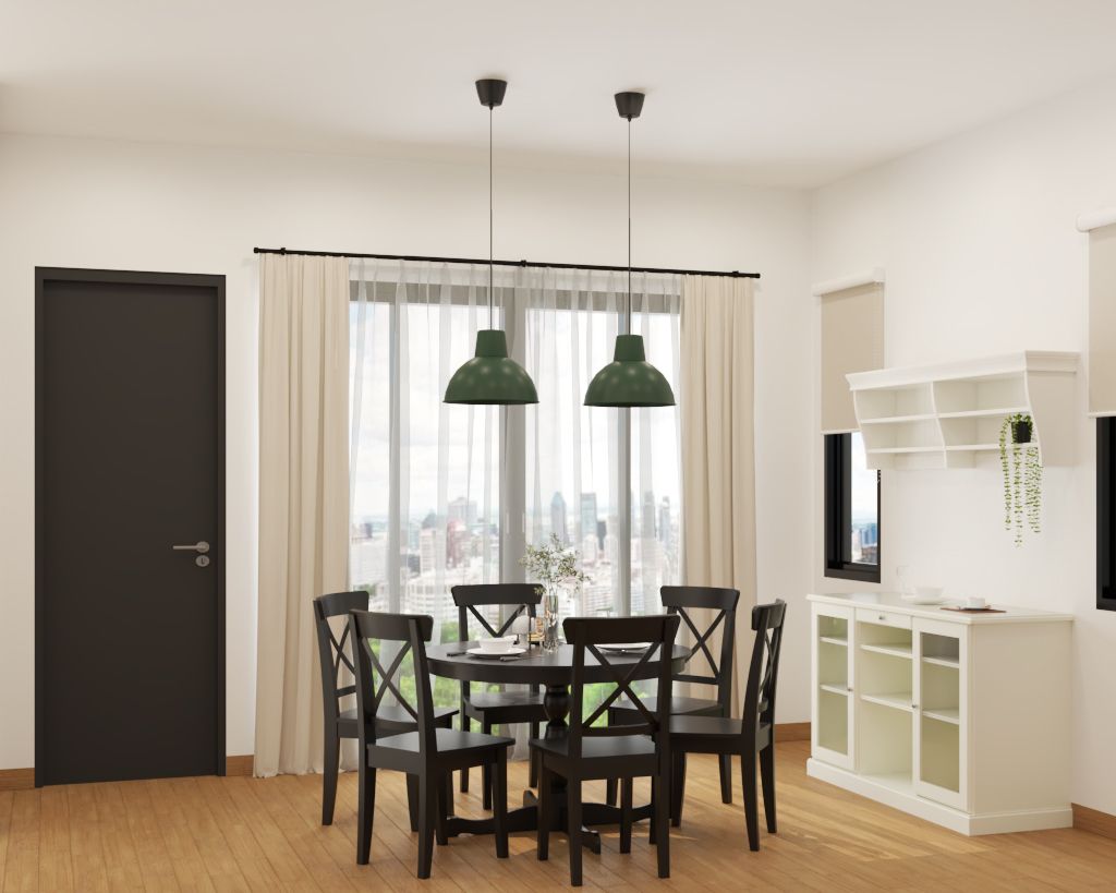 Contemporary 6-Seater Dining Room Design With White Crockery Unit