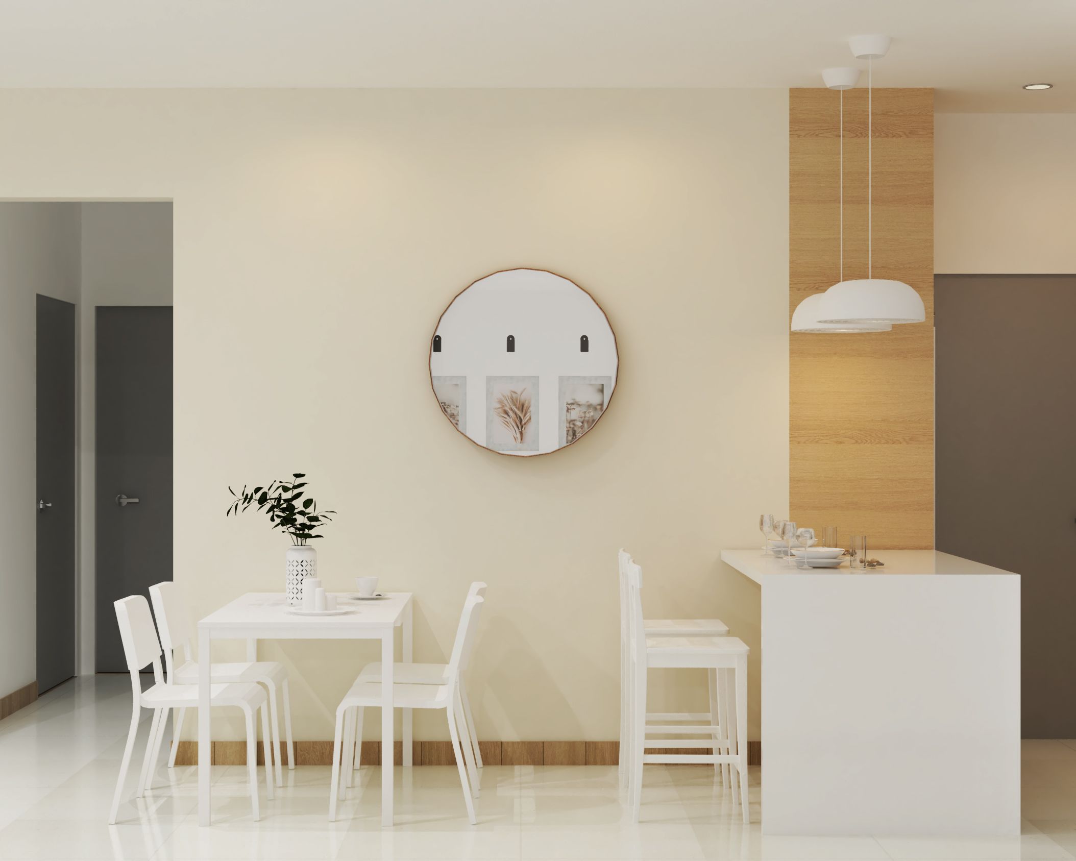 Contemporary 4-Seater Dining Room Design With White Chairs