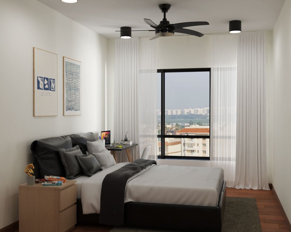 Compact Master Bedroom Design With Black Bed Livspace