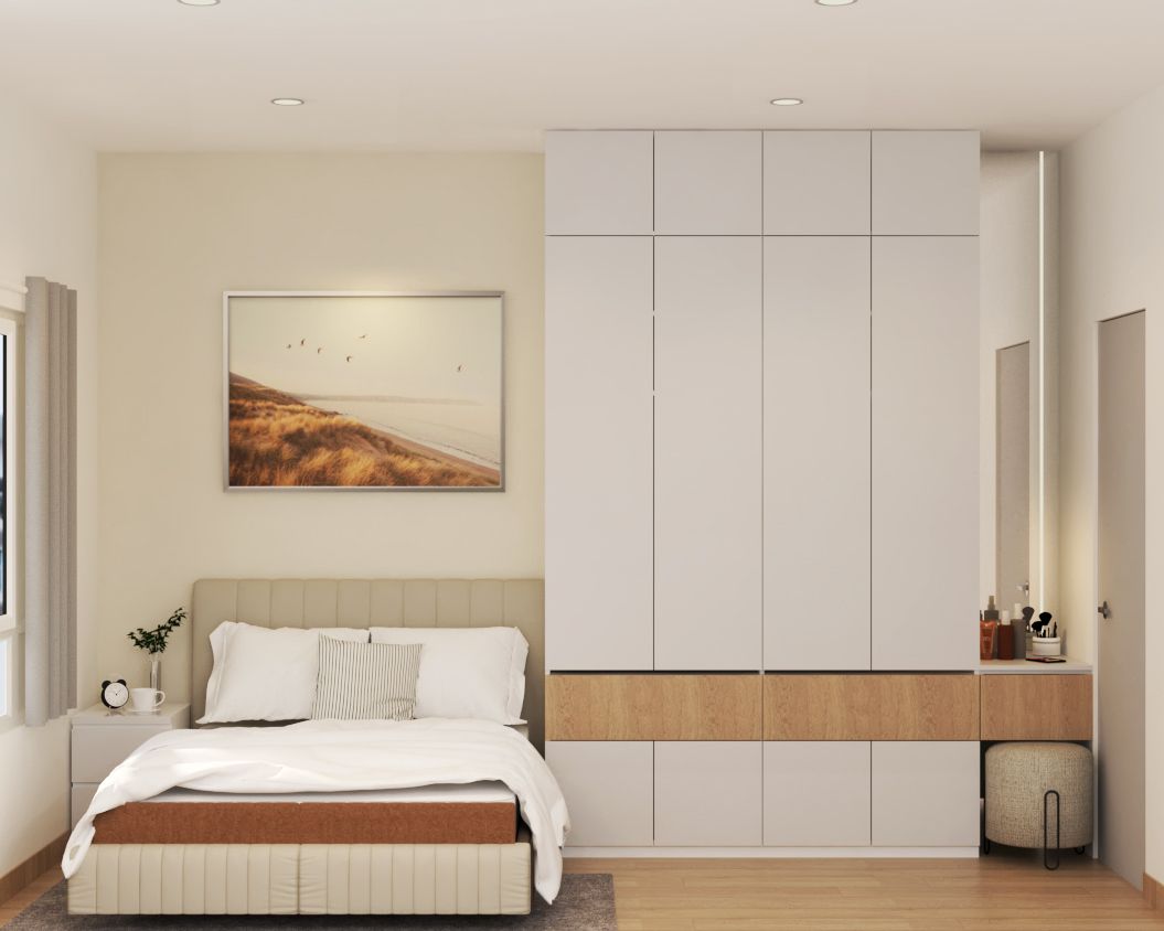 Scandinavian Master Bedroom Design With A Beige Upholstered Double Bed