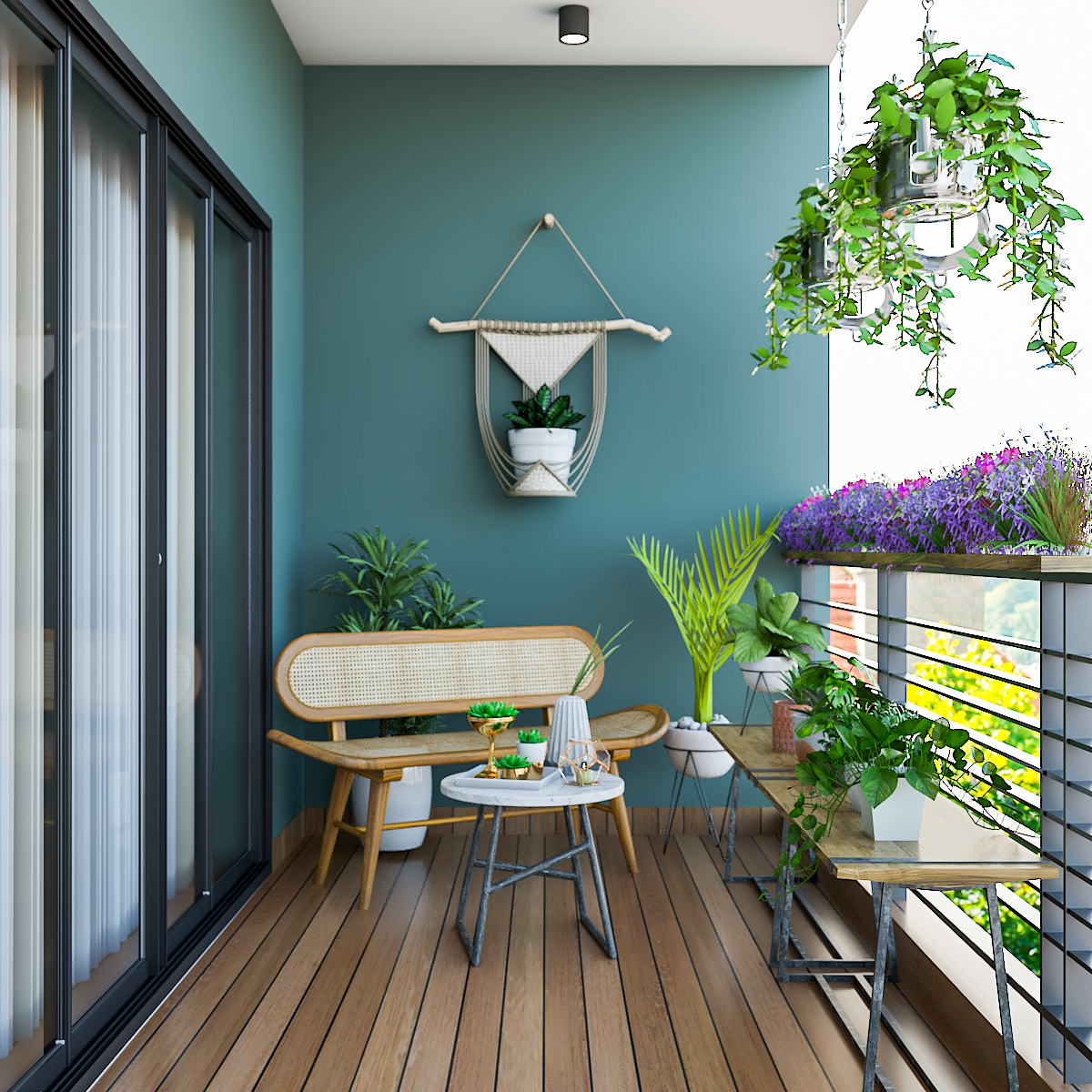 Tropical Balcony Design With Rattan Bench