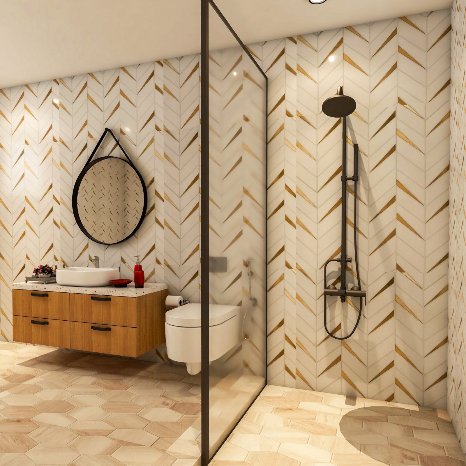 White And Beige Small Bathroom Design With Wooden Vanity Unit | Livspace