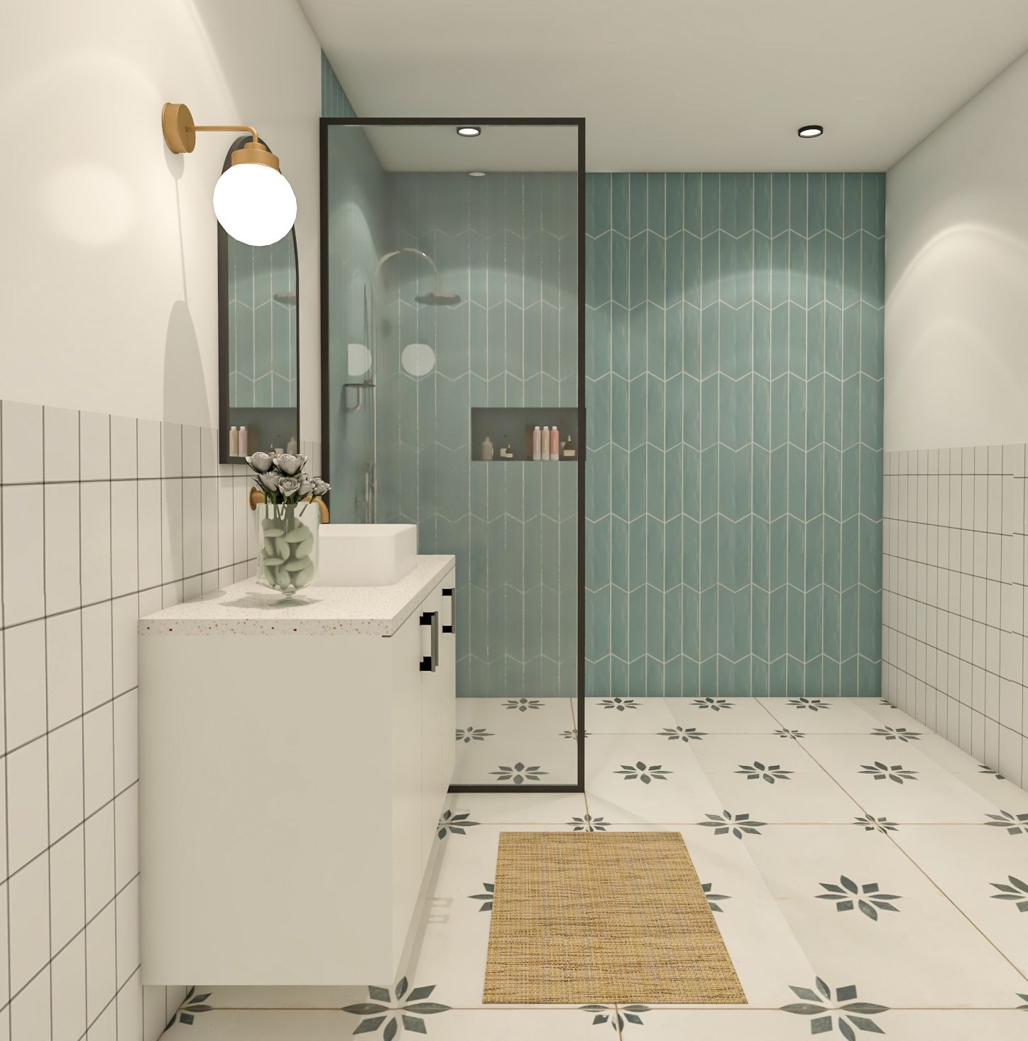 Green And White Bathroom Design With Wooden Vanity Unit | Livspace