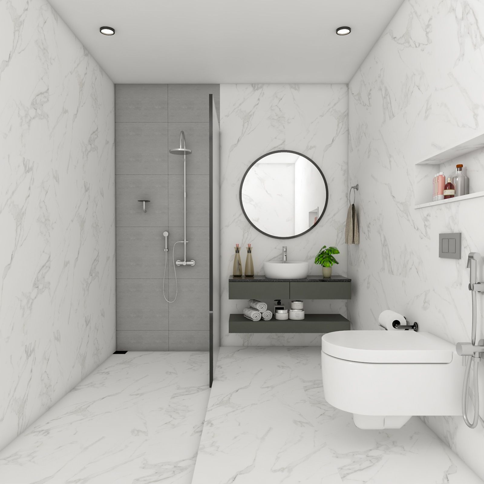 Modern Grey And White Bathroom Design With Grey Vanity Unit