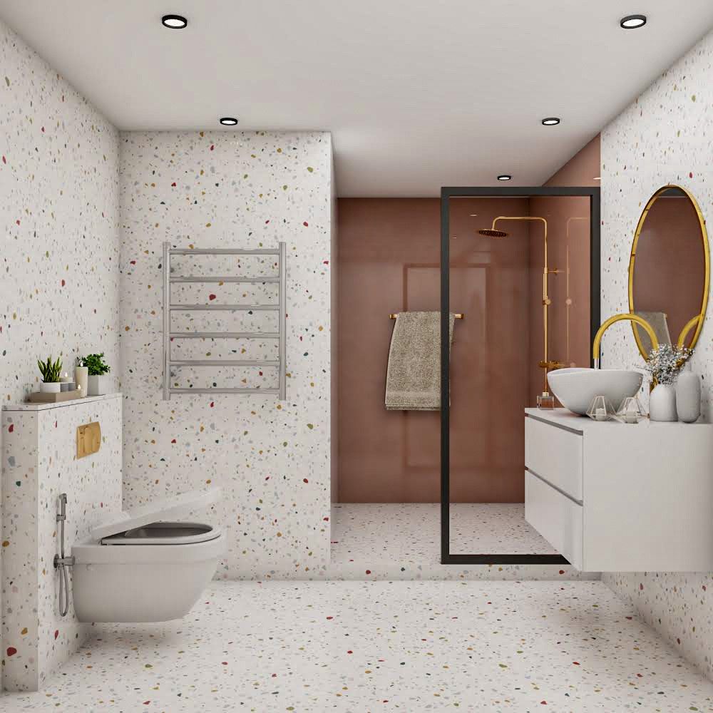 Minimalistic Bathroom Design With Specked Wall And Floor Tiles