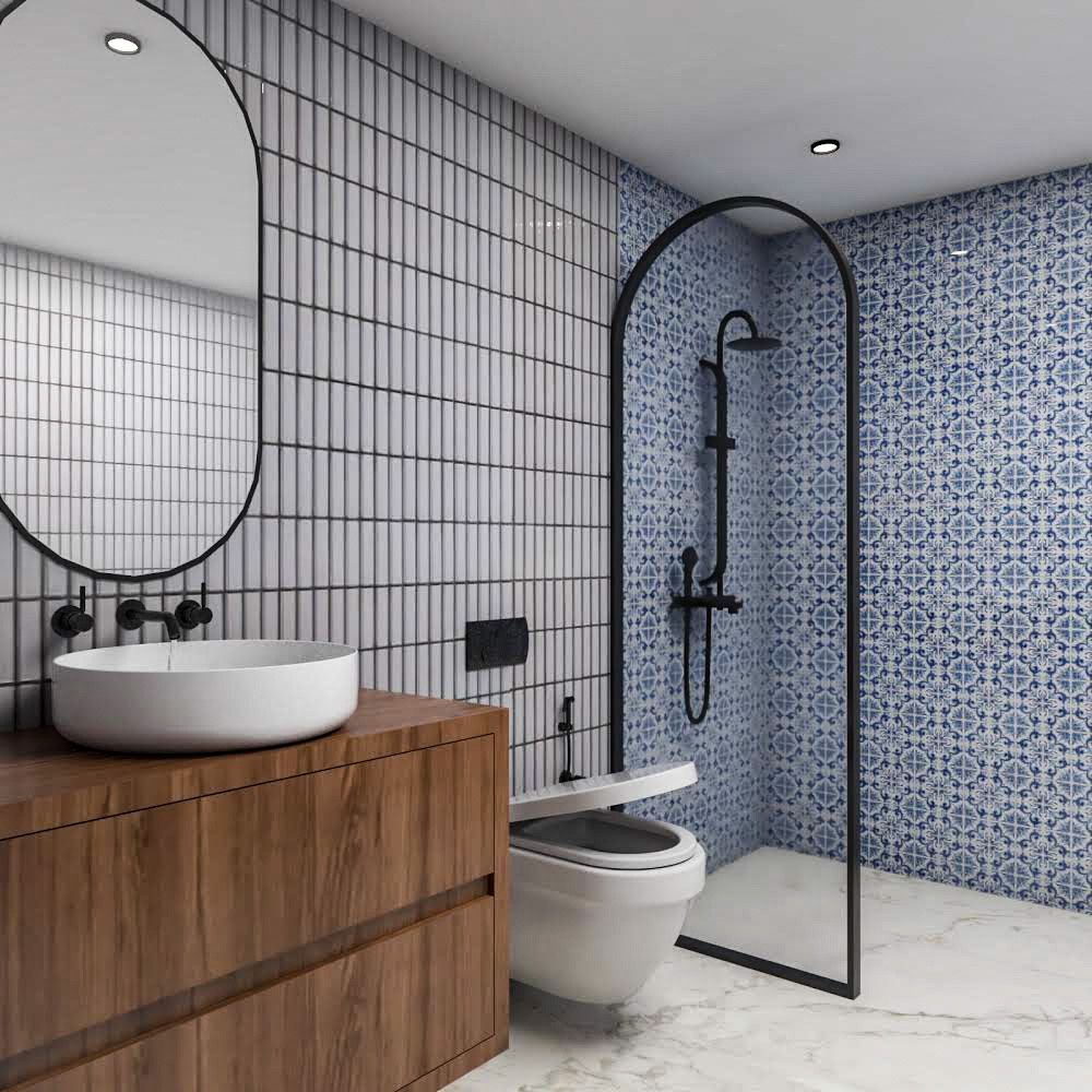 Contemporary Blue And White Small Bathroom Design With Wooden Vanity Unit