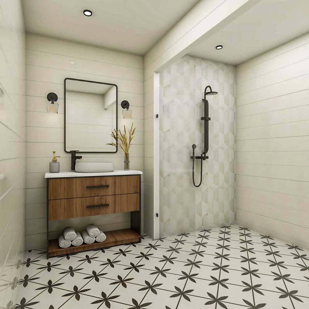 Classic Small Bathroom Design With Black And White Geometric Flooring