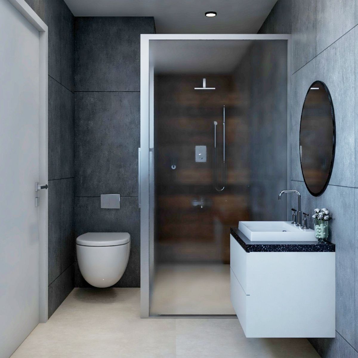 Contemporary Grey And White Small Bathroom Design With Round Mirror