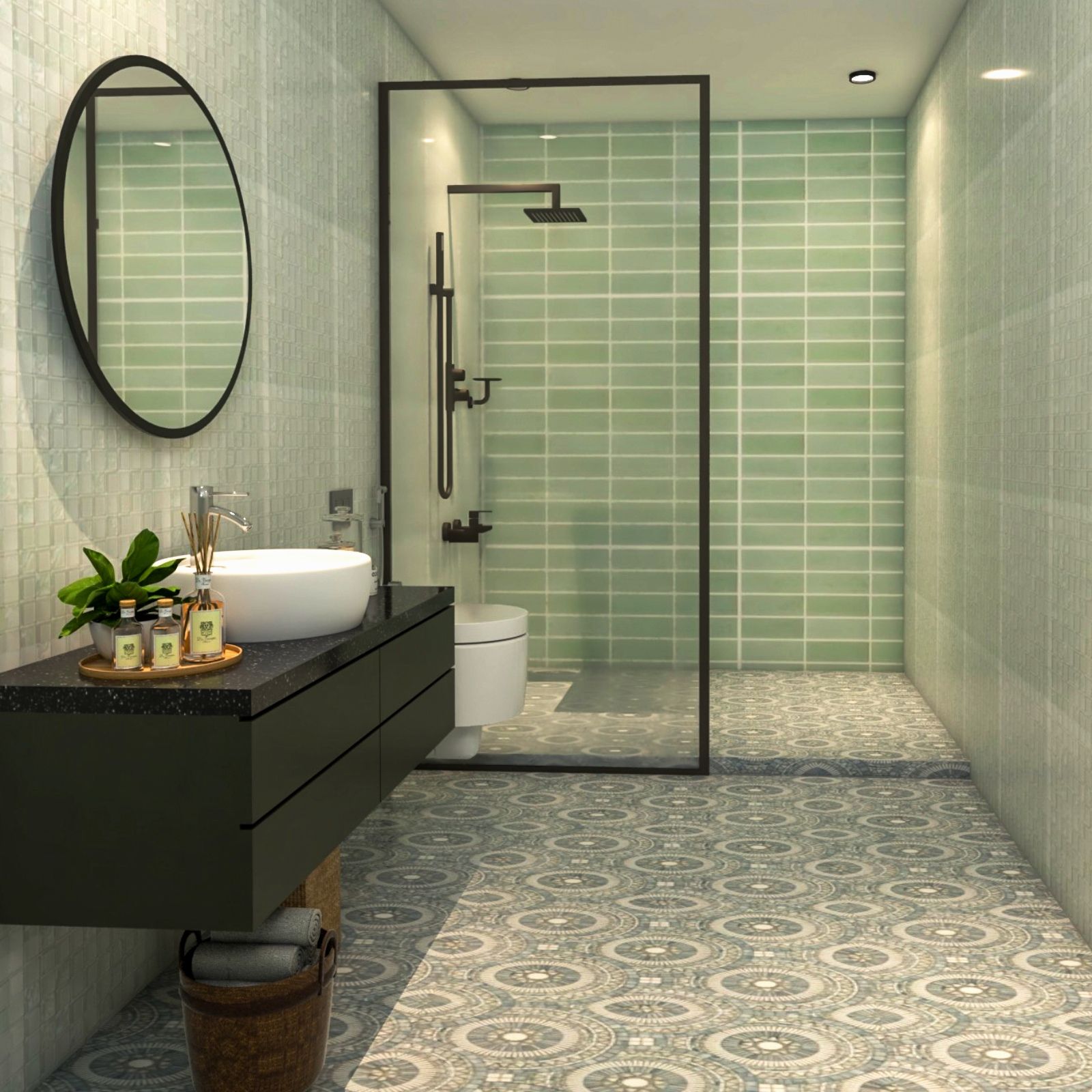 Modern Green And Grey Small Bathroom Design With Black Drawer Storage