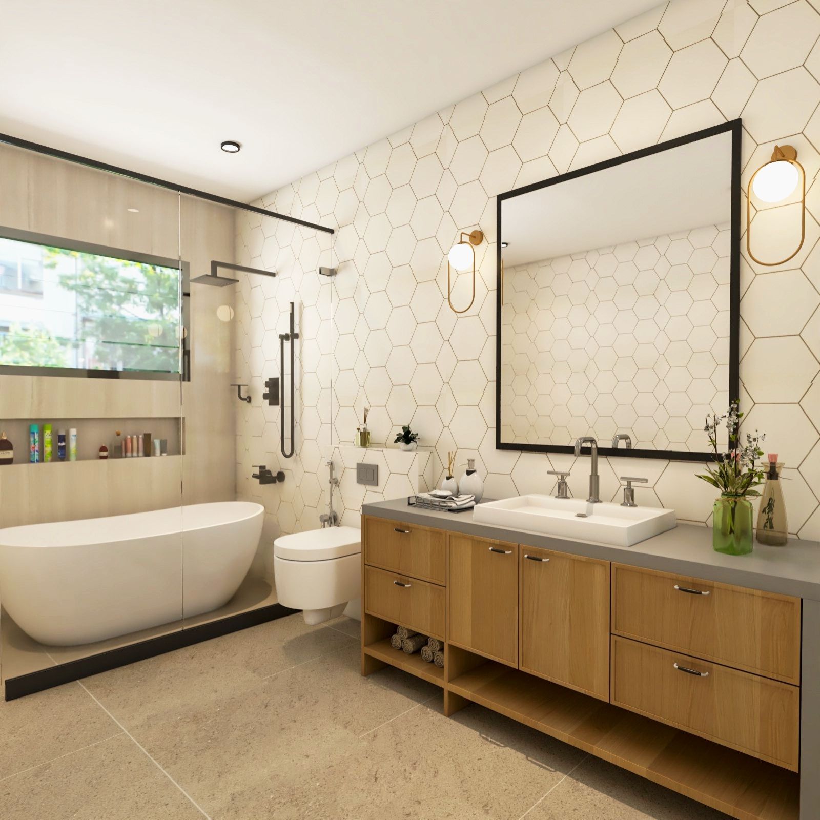 Contemporary Small Bathroom Design With Off-White Hexagonal Wall Tiles