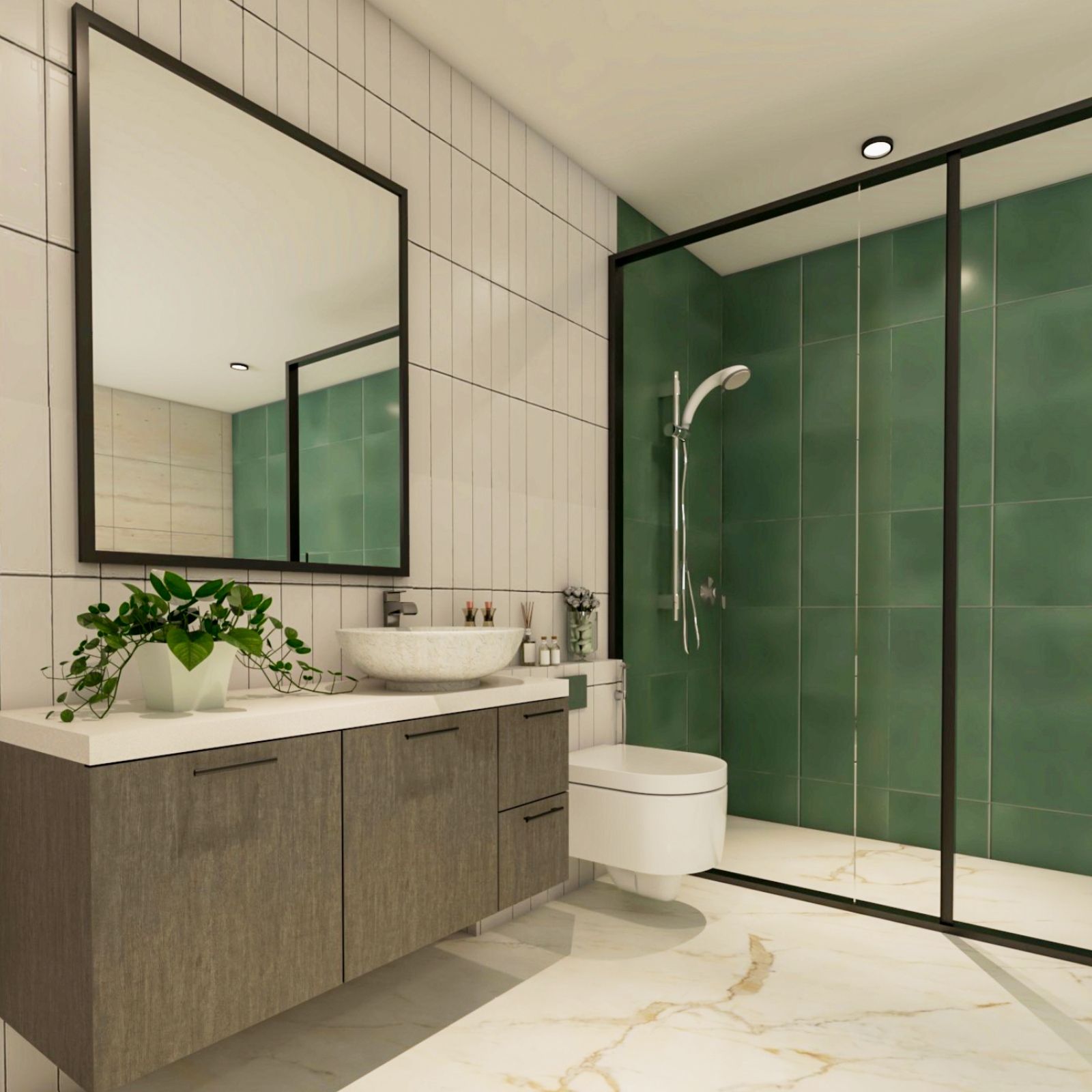 Modern Green And White Small Bathroom Design With Marble Flooring