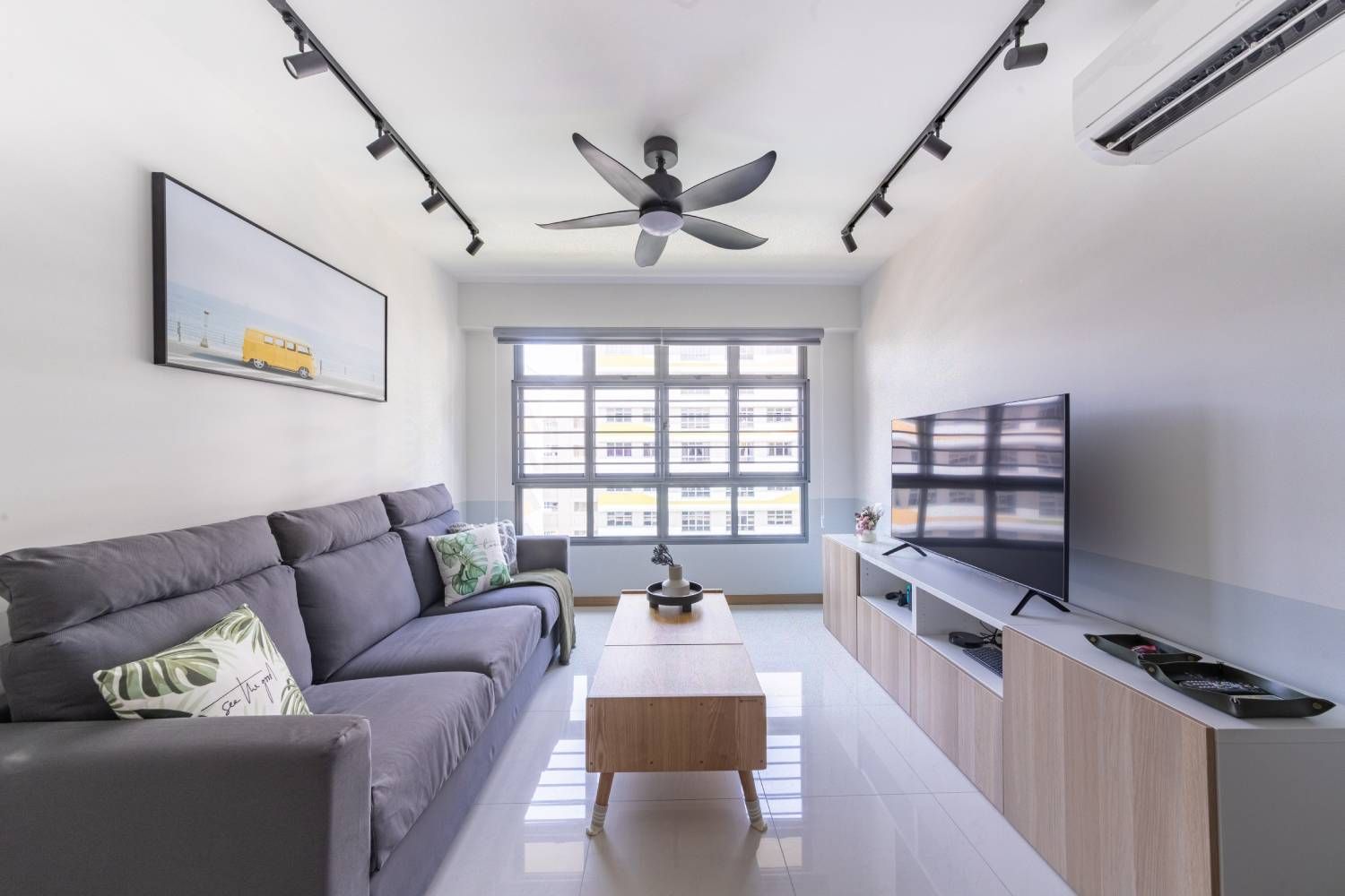 Contemporary Living Room Set with Grey Upholstered Sofa and White-Wood TV Unit