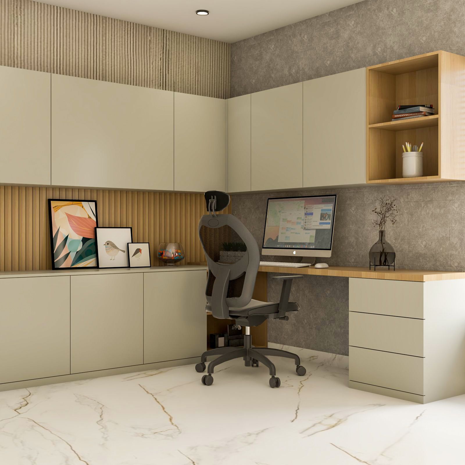 Modern Home Office Design With Wooden Panel Fluted Walls