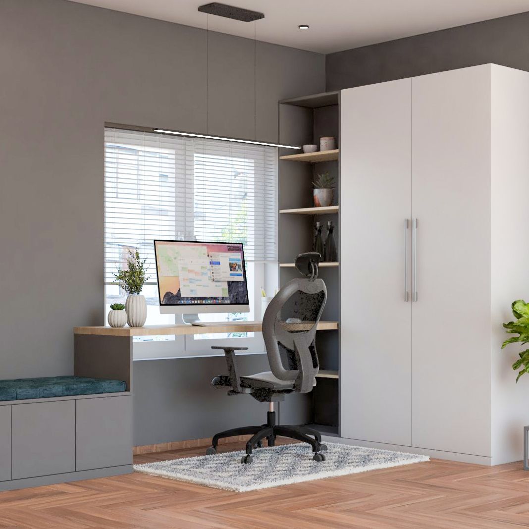 View of Wood And White Home Office Design With Grey Wall | Livspace