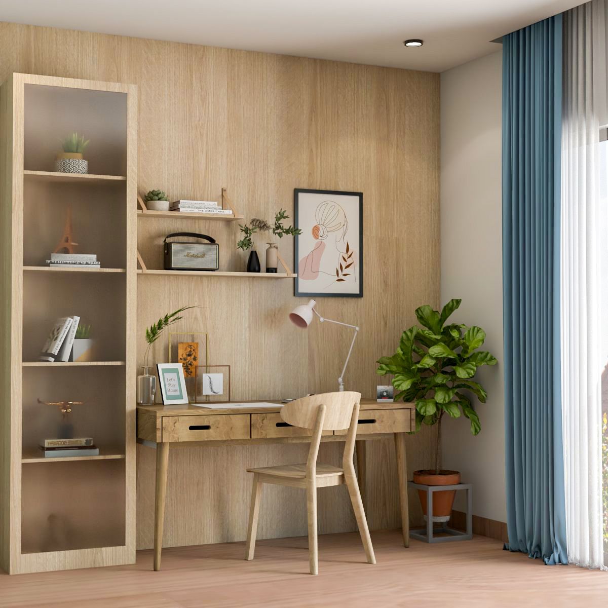 Scandinavian Home Office Design With Bookshelf And Open Racks