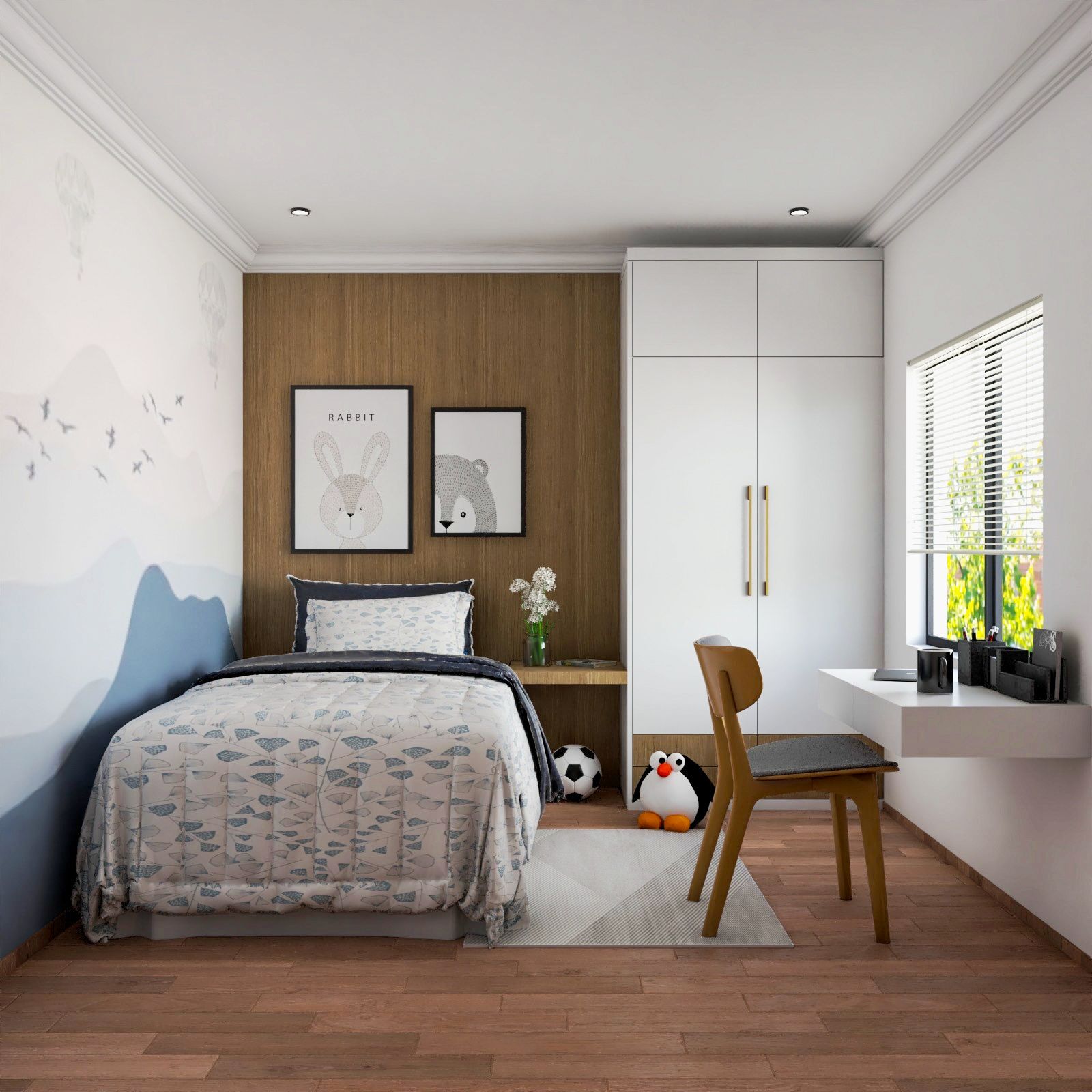 Contemporary Wall Design With Wooden Accent Wall And Nature-Themed Wallpaper