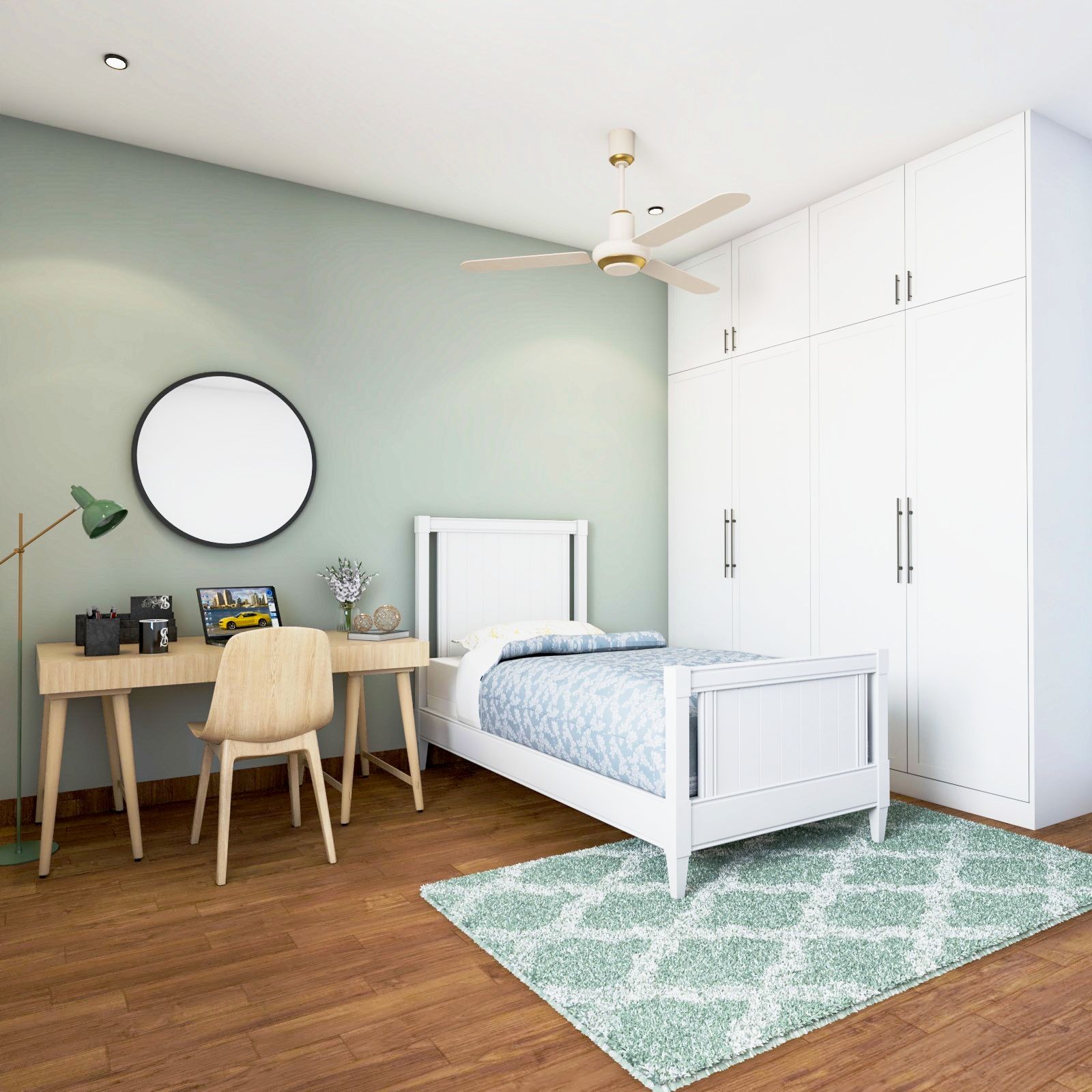 Minimal Kids Room Design With Pastel Green Accent Wall