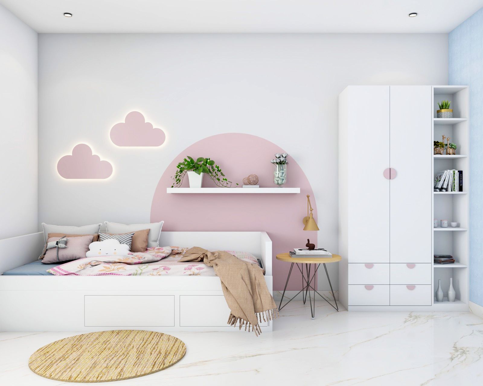 Minimal Pink And White Kids Room Design With Cloud Decor And Backlights