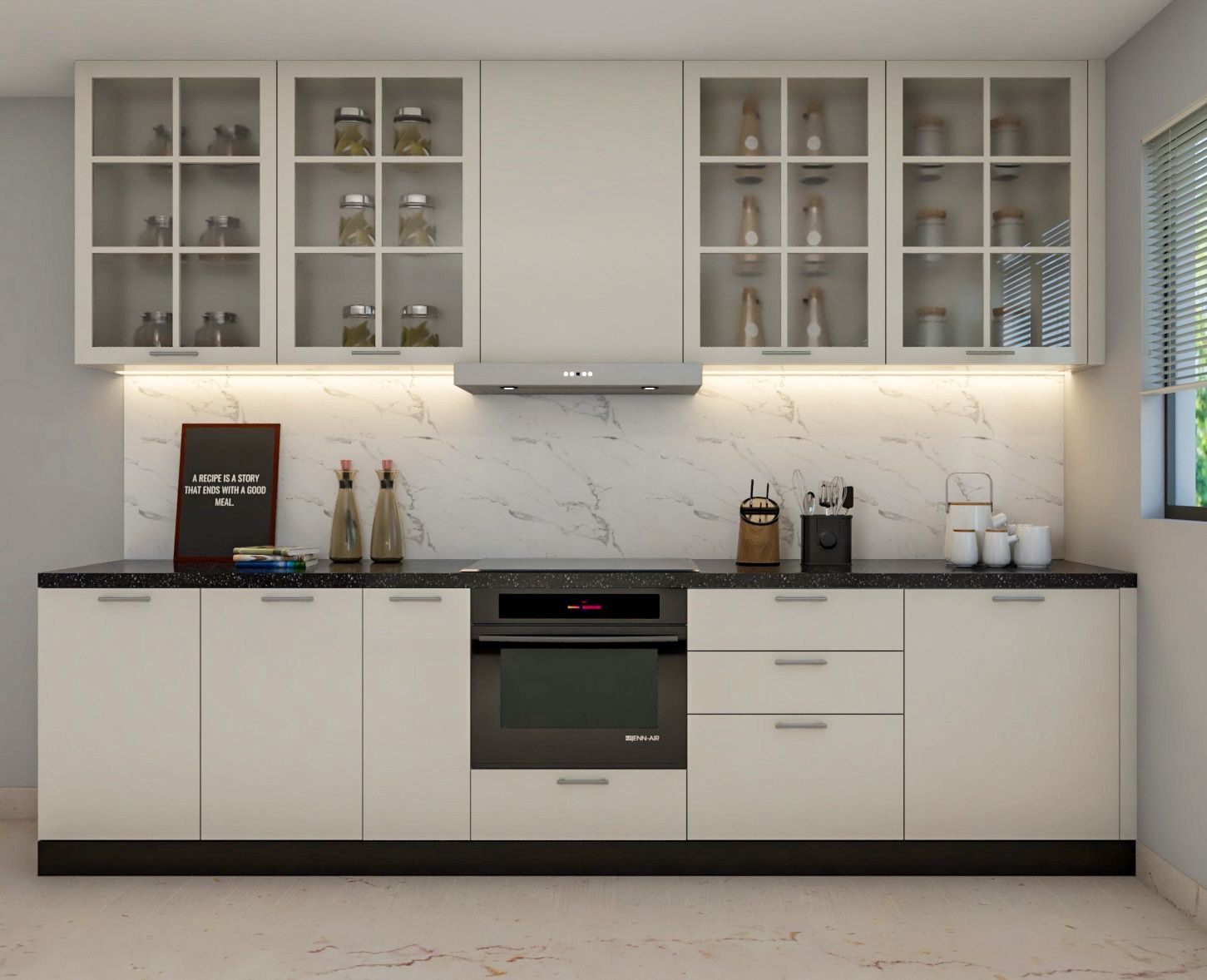 Minimalistic Parallel Beige Kitchen Design With Marble Dado Tiles
