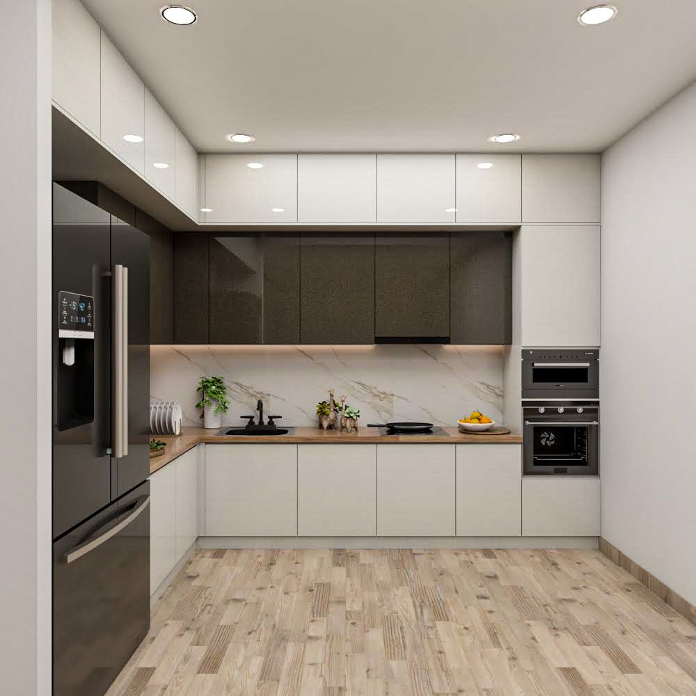 White And Dark Grey Kitchen Design With Marble Backsplash | Livspace