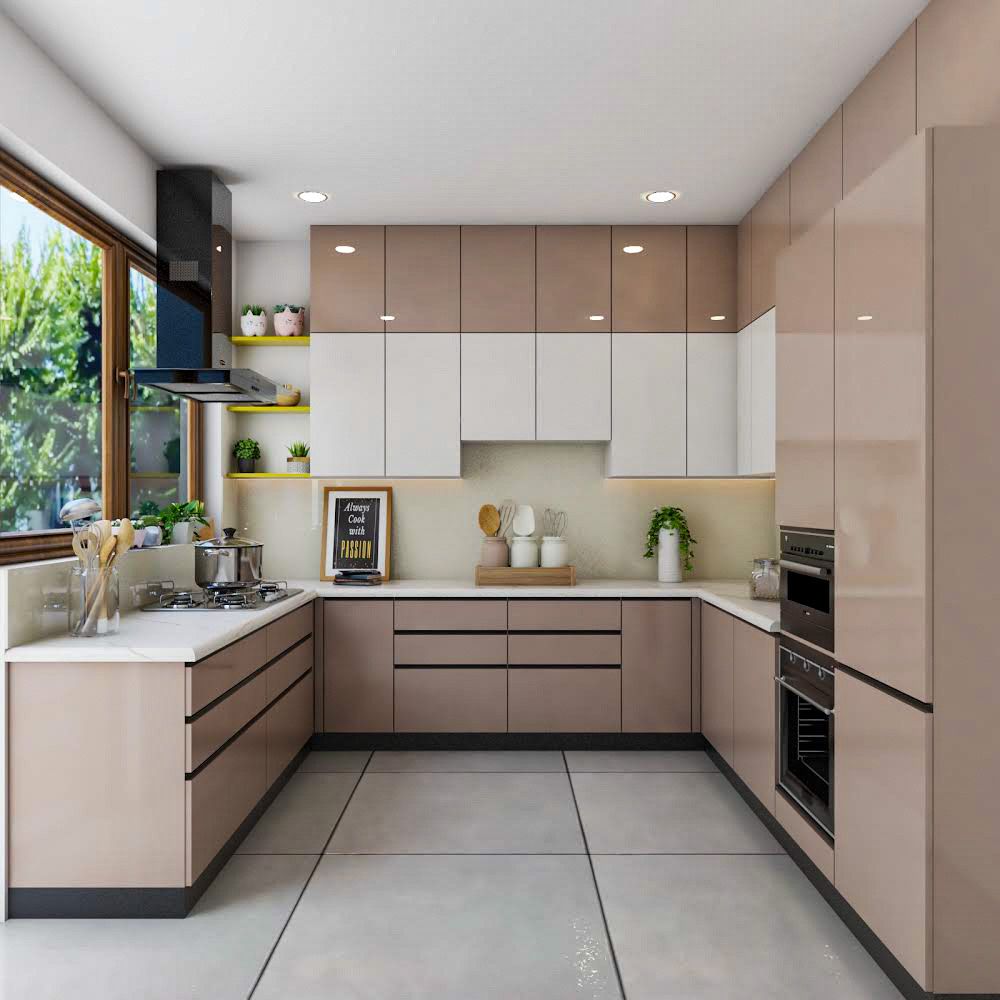 Modular U-Shaped Kitchen Design With Pink And White Cabinets | Livspace