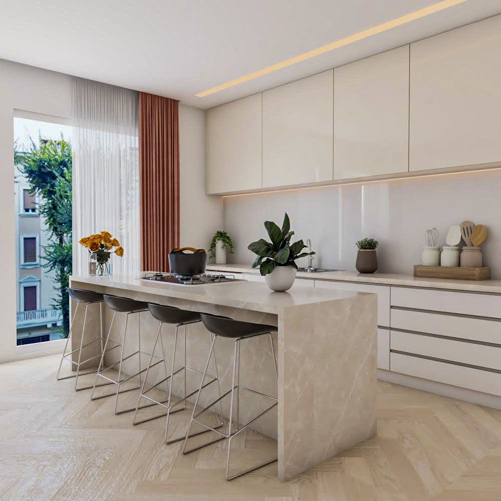 Minimalistic Glossy Beige And White Straight Kitchen Design With Island