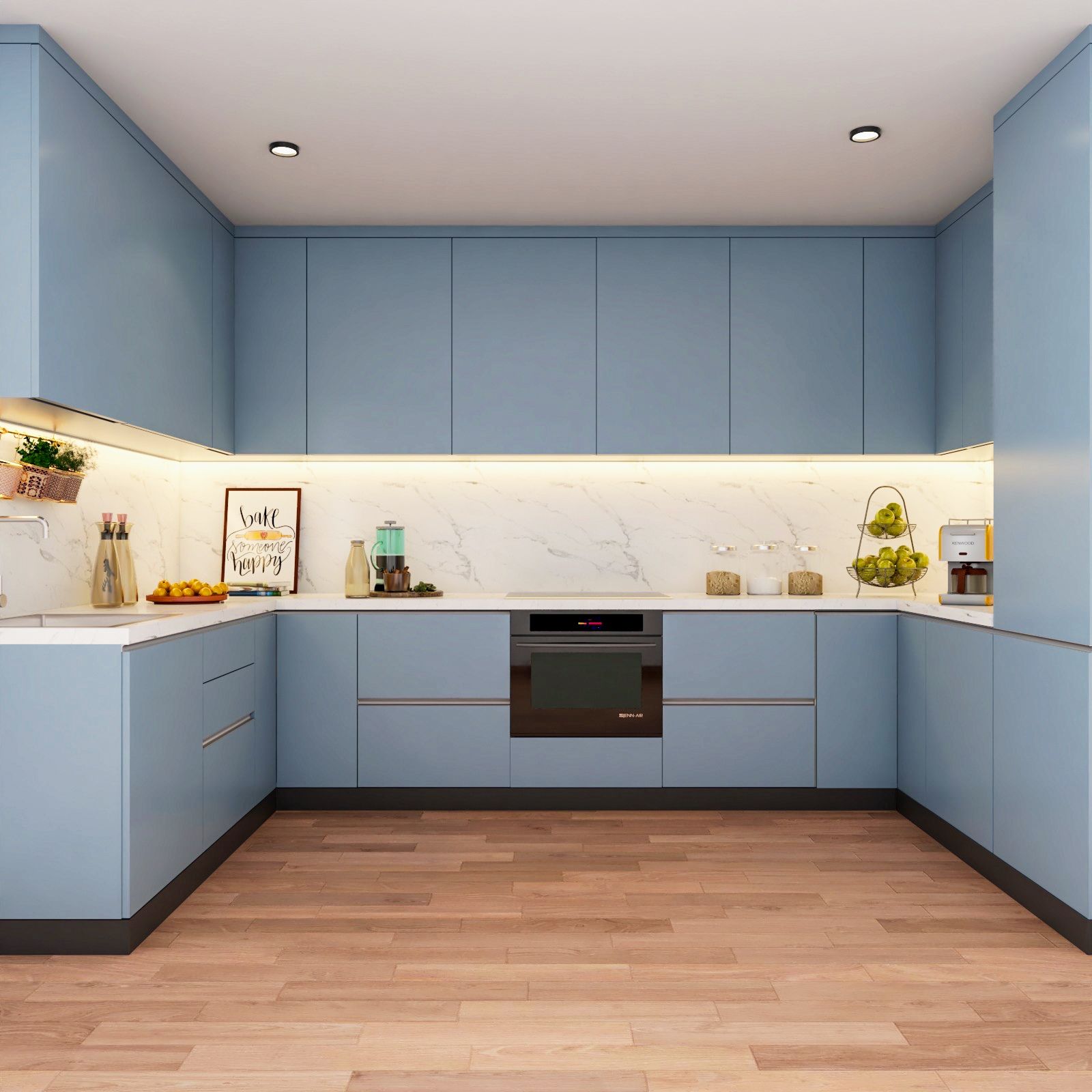 U-Shaped Modern Blue Kitchen Design | Livspace