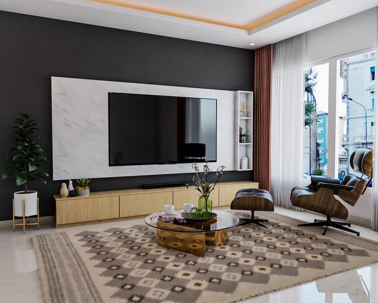 Contemporary Wooden TV Unit Design With Marble Panel