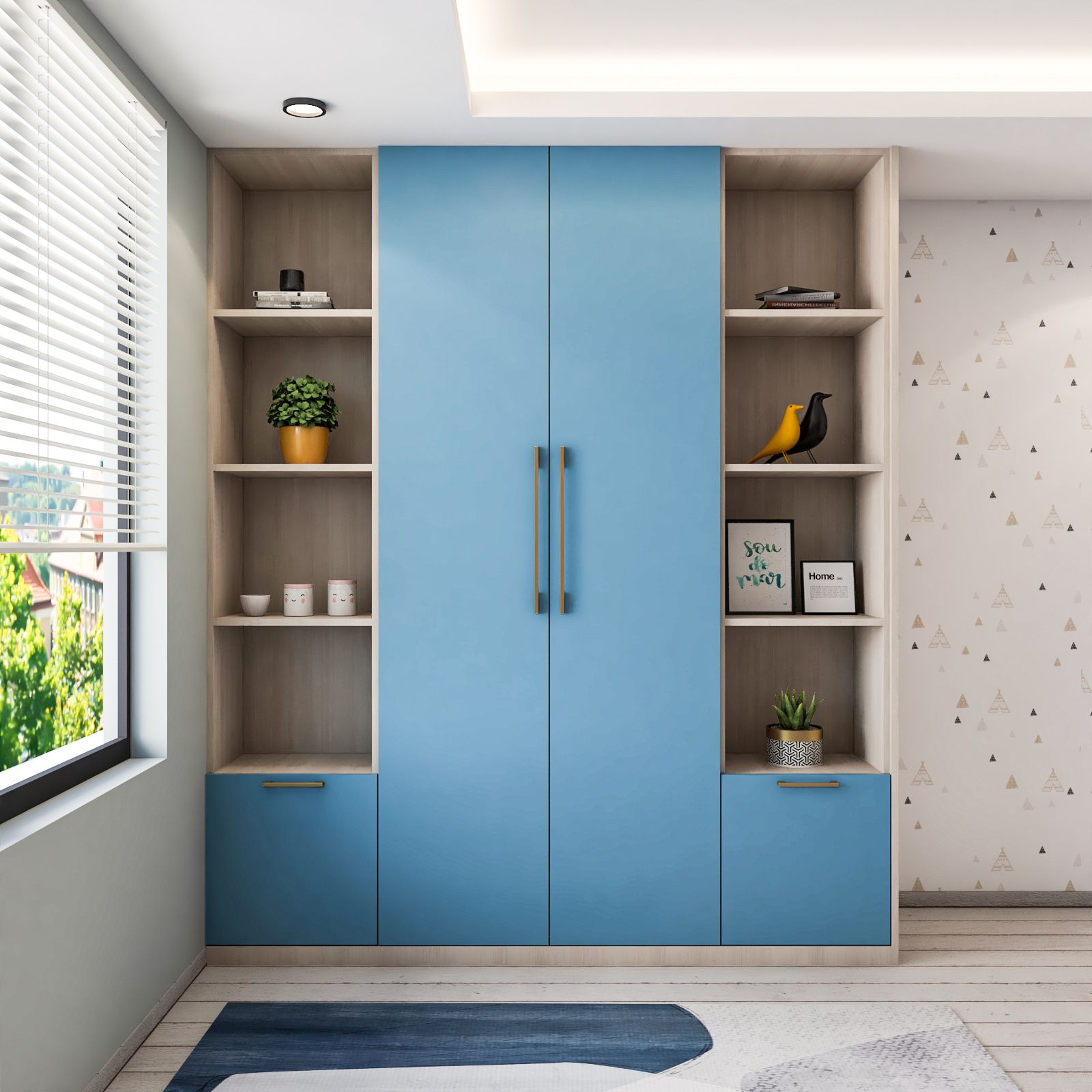 Contemporary Blue 2-Door Wardrobe Design With Suede Laminates