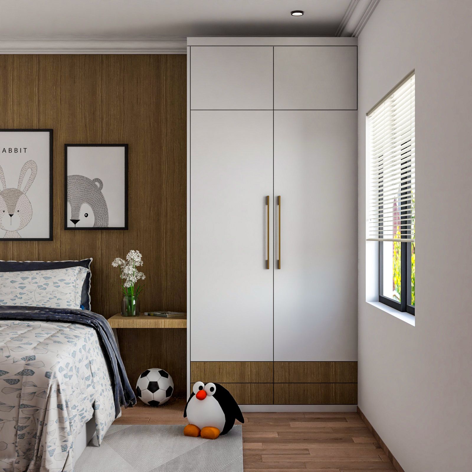 Scandinavian White And Wood 2-Door Swing Wardrobe With Loft Storage