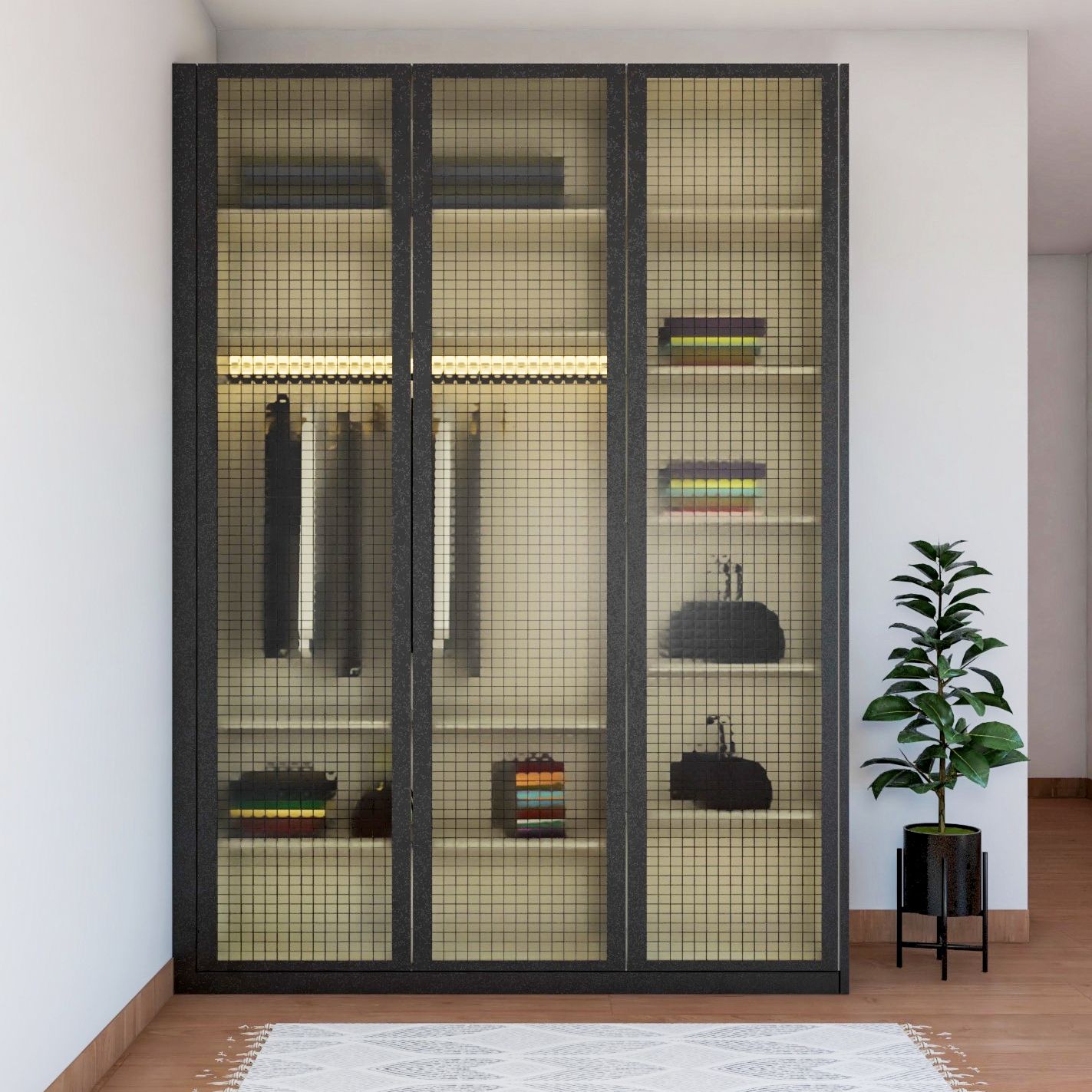 Modern 3-Door Swing Wardrobe Design With Mesh Glass Shutter
