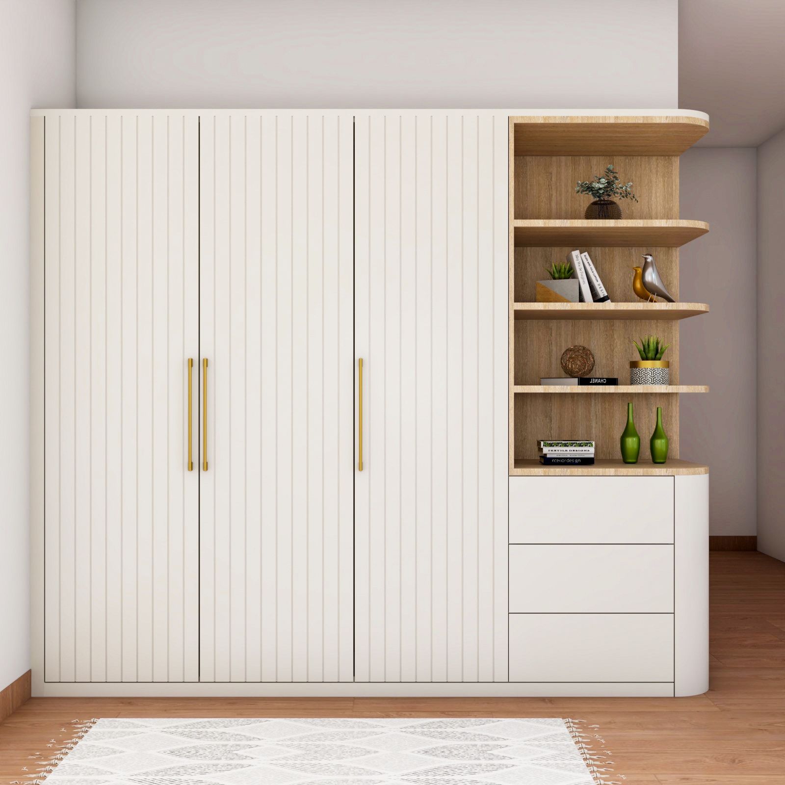 Contemporary Striped 3-Door Swing Wardrobe Design In White