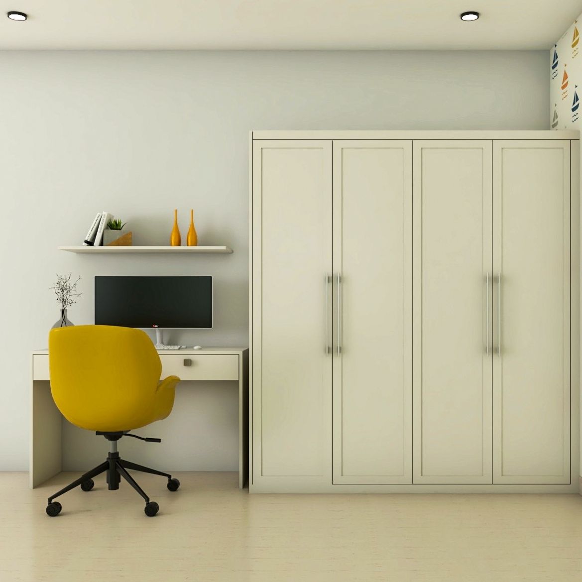 Minimalistic Home Office Interior Design With Beige 4-Door Wardrobe
