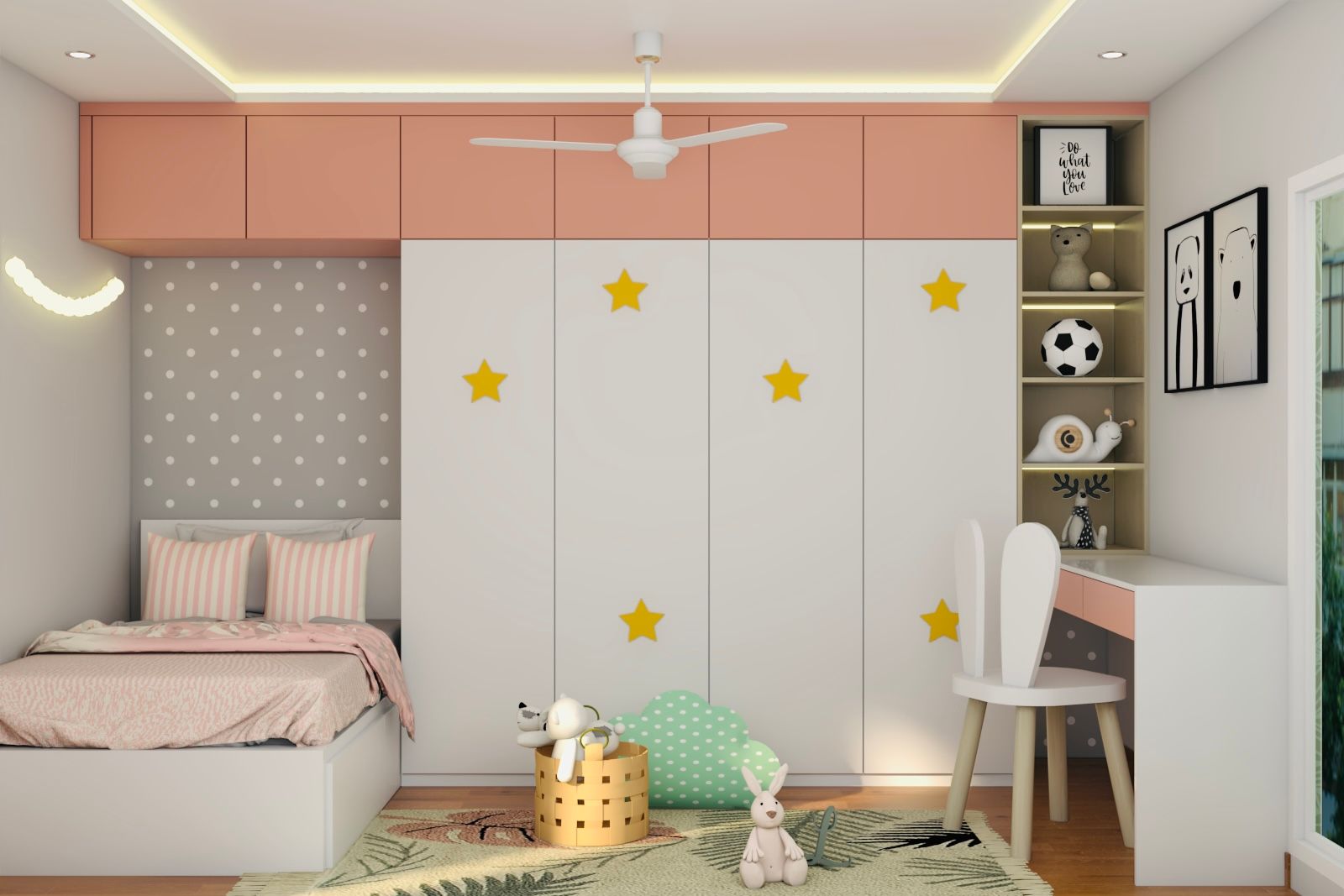 Contemporary 4-Door Swing Wardrobe with Lofts in White and Peach with Yellow Stars Laminate Finish