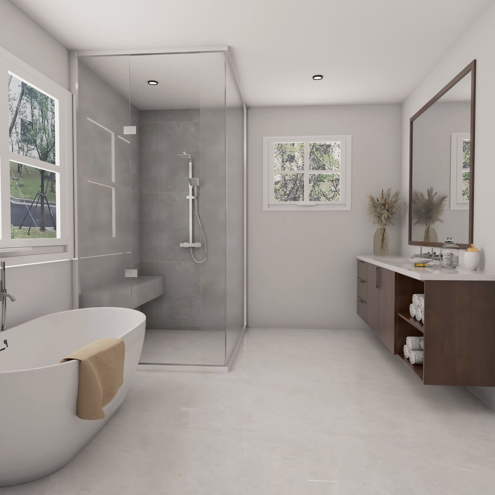 Grey And Cream Bathroom Design With White Bathtub And Wooden Vanity Unit | Livspace